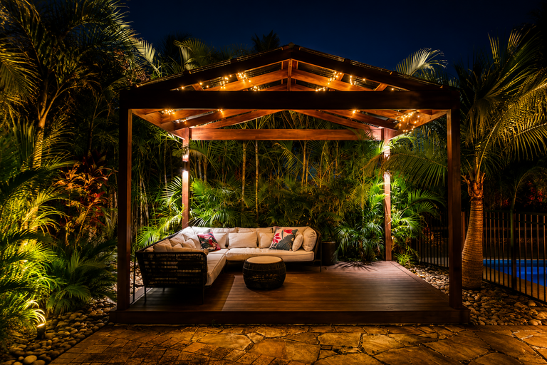 Lit pergola lounge in the tropical garden